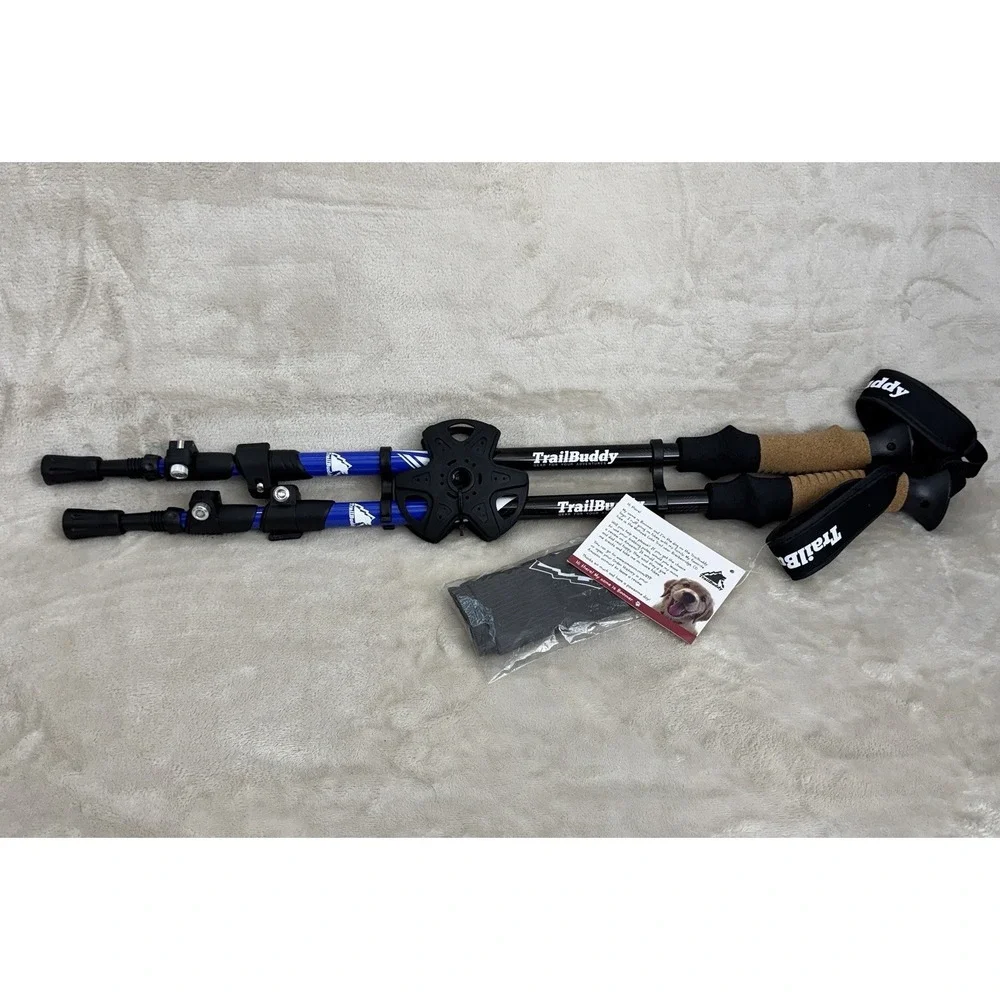 TrailBuddy Trekking Poles Adjustable Cork Grip Blue Black Pair w/ Bag Read
